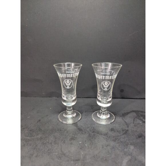 Jägermeister Cordial Shot Glass Pair, Vintage Clear Fluted Footed Set, Liqueur - Picture 1 of 9